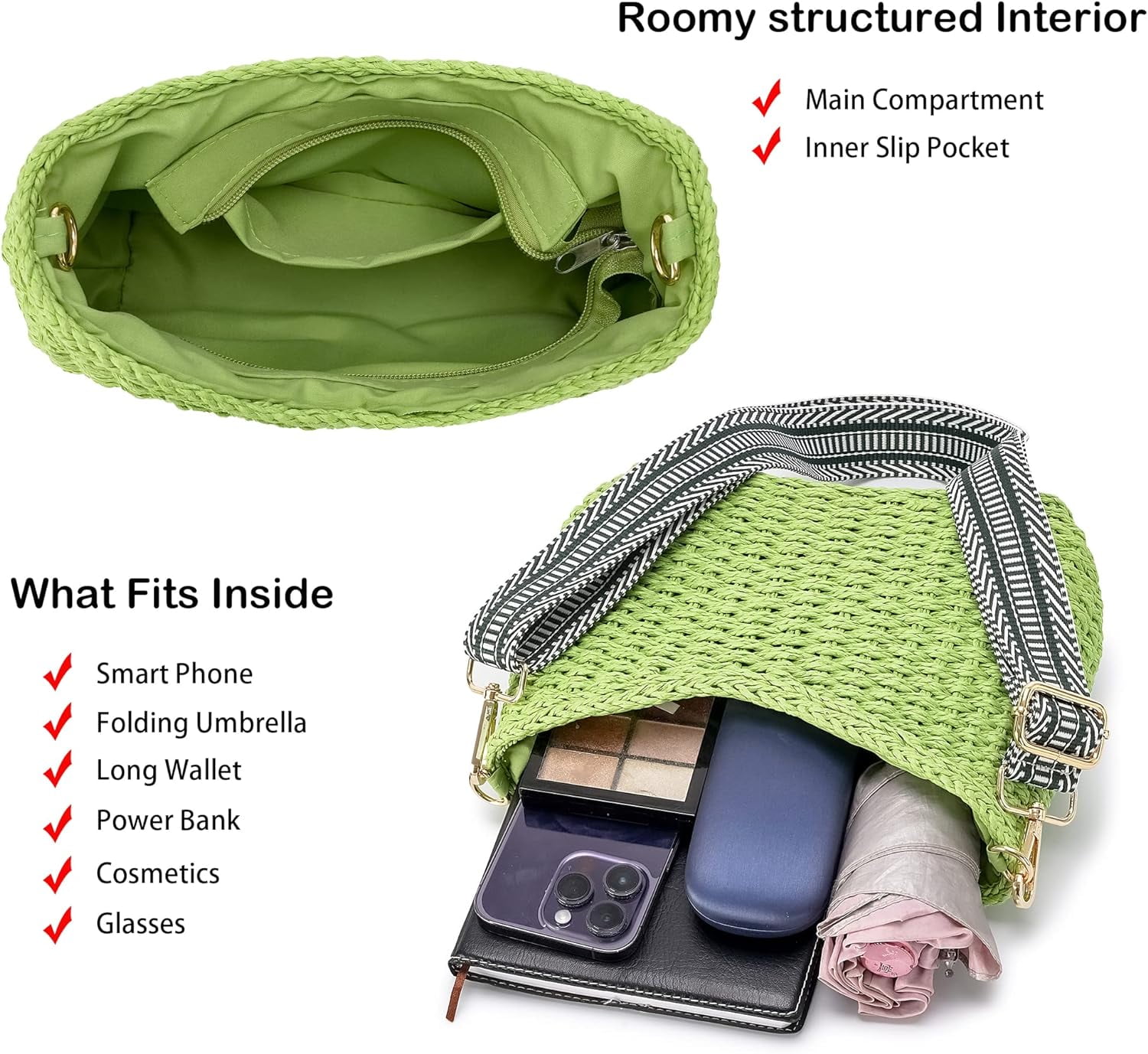 Small Handmade Straw Pocketbook Crossbody Bag for Women, Summer Chic Woven Handbag Shoulder Purse with Chain