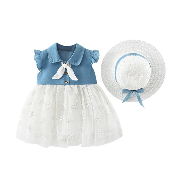 Jalioing 2 Piece Dress Set for Baby Girl Sleeveless Denim Tulle Skirt Flying Sleeves Print Dresses with Hat (6-12 Months, White)