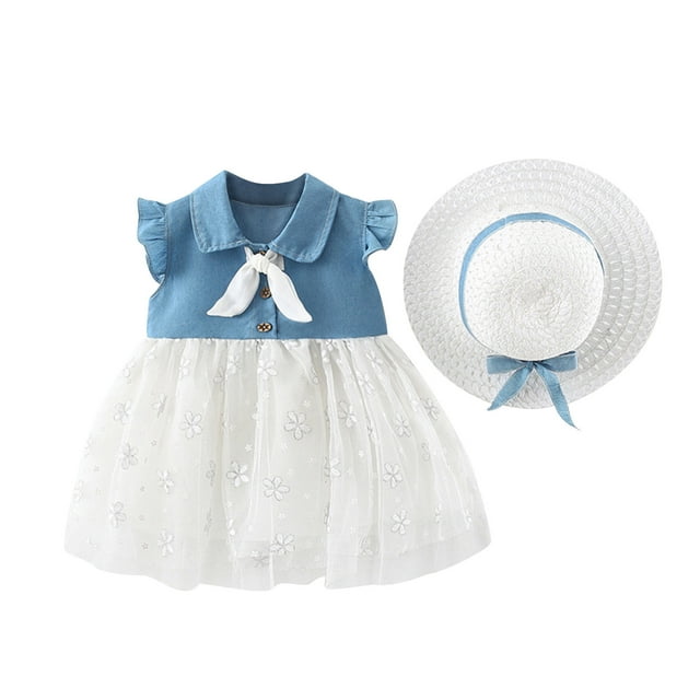 Birdeem Tout-Petits Enfants Bébés Filles Mode Mignon Sans Manches Douce Broderie Imprimé à Volants Robe en Denim Ensemble avec Chapeau
