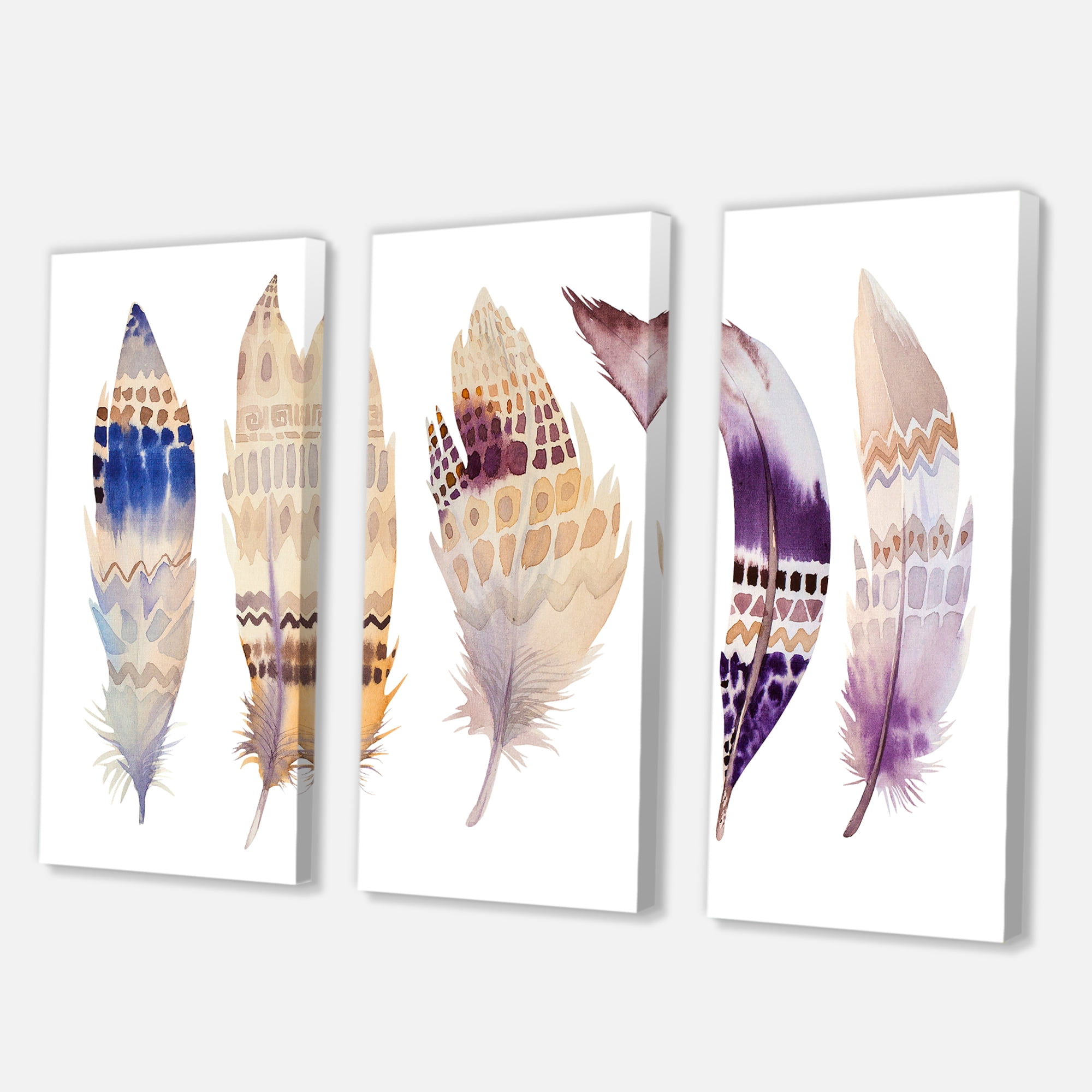 Designart ' Ethnic Purple Boho Art Feathers ' Bohemian & Eclectic Canvas Wall Art Print