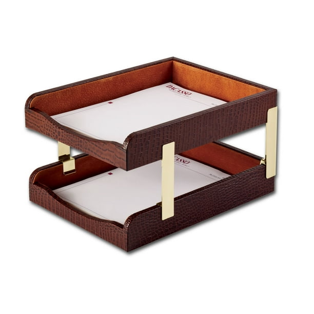 Brown Crocodile Embossed Leather Double Letter Trays