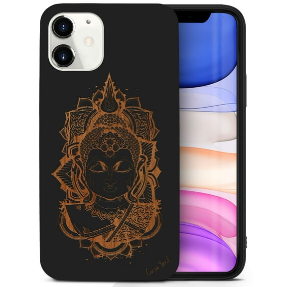 Case Yard Wooden Case for iPhone-12-Mini Soft TPU Silicone cover Slim Fit Shockproof Wood Protective Phone Cover for Girls Boys Men and Women Supports Wireless Charging Buddha Art Lady Design