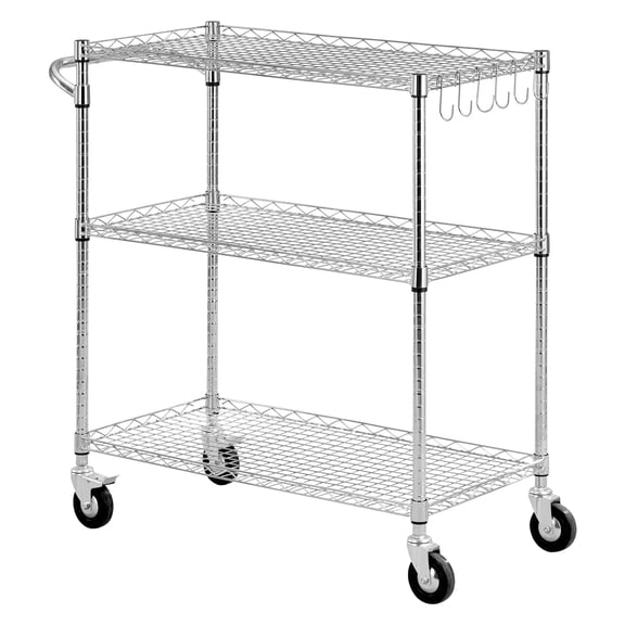 KFFKFF 3-Tier Kitchen Utility Cart, Adjustable Wire Storage Rack with Wheels, Steel Rolling Service Trolley with Handle, Multipurpose Work Table for Garage and Laundry Room, 35x17.8x40.9 in