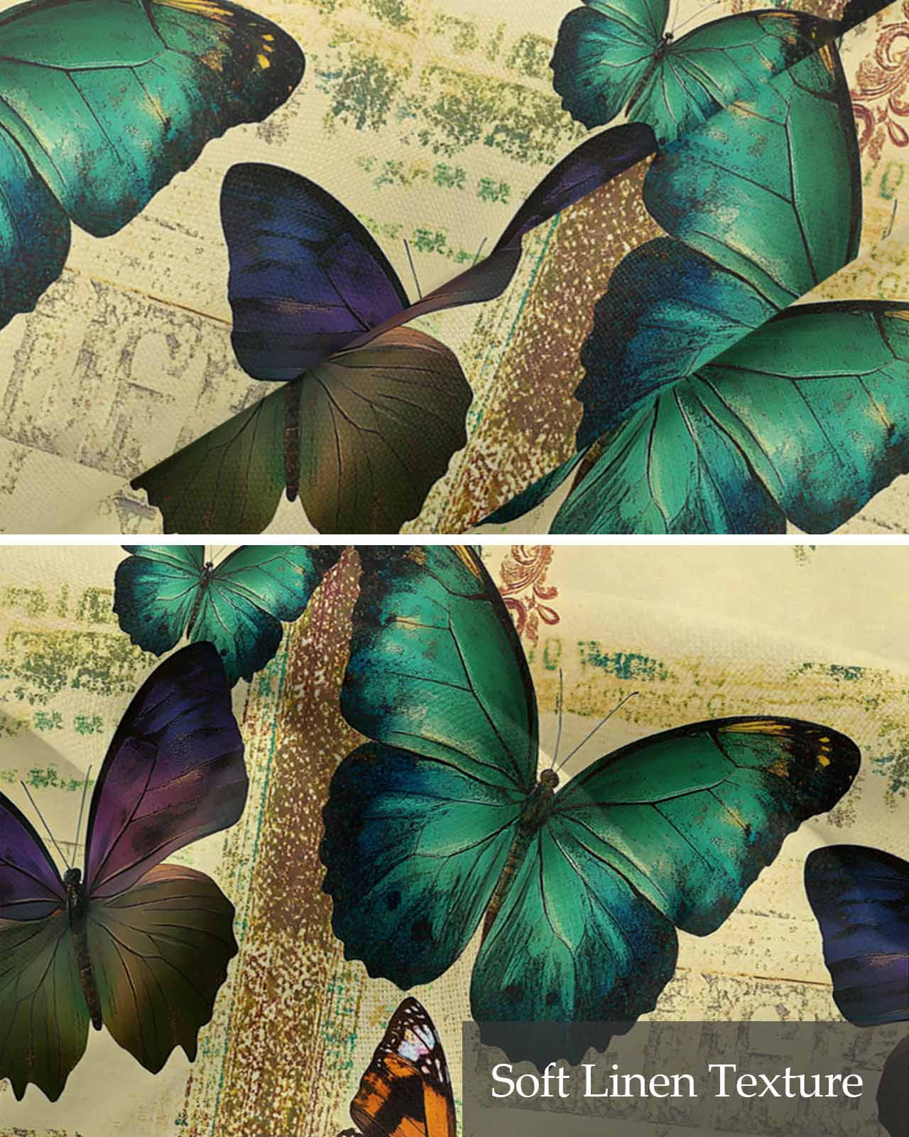 Teal Retro Butterfly Kitchen Valances for Windows Farmhouse Linen Window Valance Curtain for Living Room Window Treatment Vintage Summer Butterflies Valance Rod Pocket Topper Drape, 60 x 18 Inch