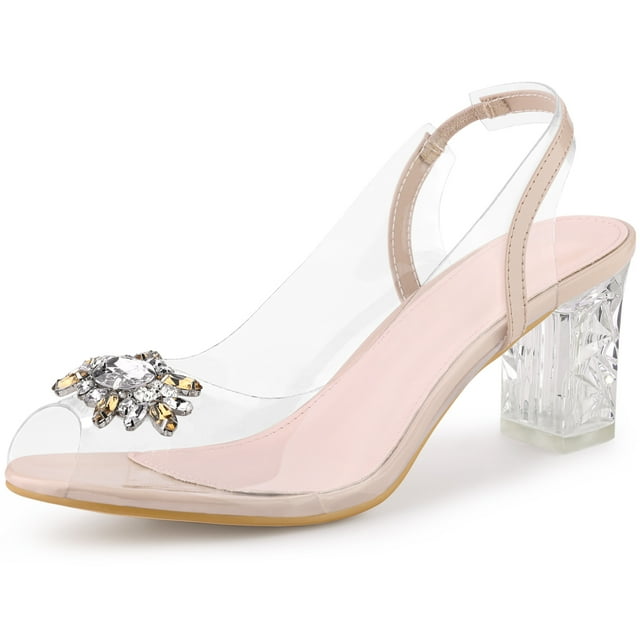 BLISSFUL STEP Women's Clear Rhinestone Peep Toe Block Heels Sandals Beige US 6