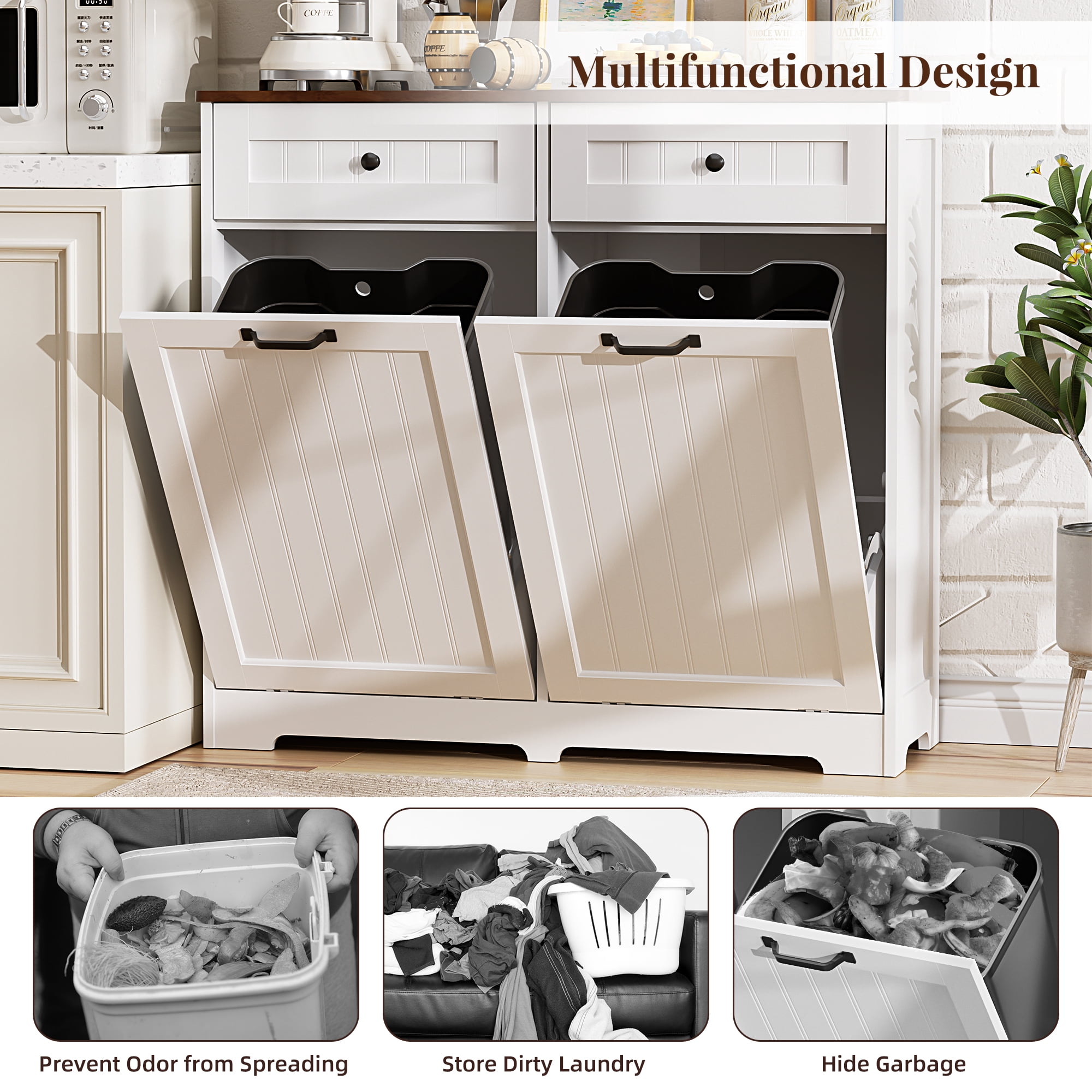 HARIPUL Double Tilt Out Trash Can Cabinet for 2 Bins, Hidden Garbage Can Cabinet with Drawers, Wooden Trash Bin Cabinet, 10 Gallon Trash Can Holder Cabinet for Kitchen, White