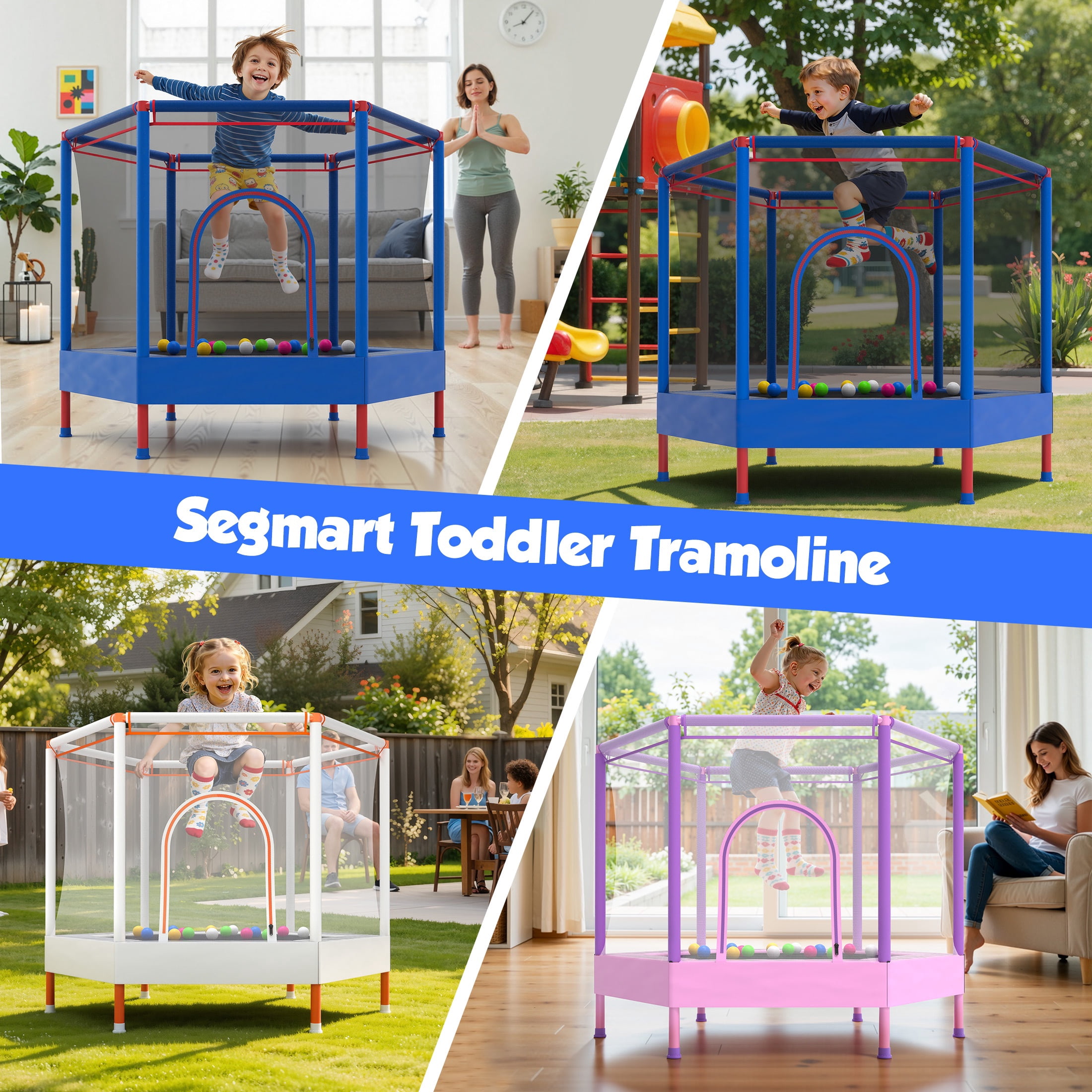 Mini Trampoline for Kids with Safety Enclosure Net, 55" Toddler Trampoline with No-Gap Safe Design, Segmart Recreational Trampolines for Birthday Gifts, Rebounder Trampoline with Ocean Balls