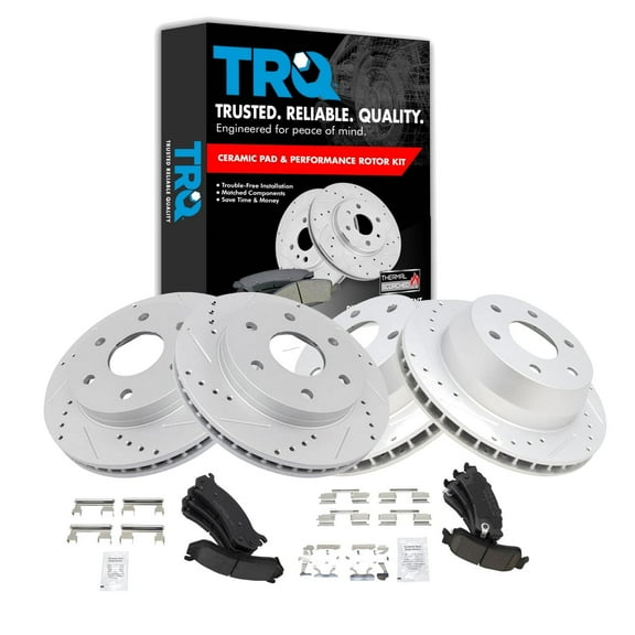 TRQ Front and Rear Performance Brake Pad & Rotor Kit Brake Pads Brake Rotors Set Ceramic Premium G-Coated Fits Select 2002 Chevrolet Avalanche 1500 Silverado 1500 2000-2001 Tahoe 2001 GMC Yukon