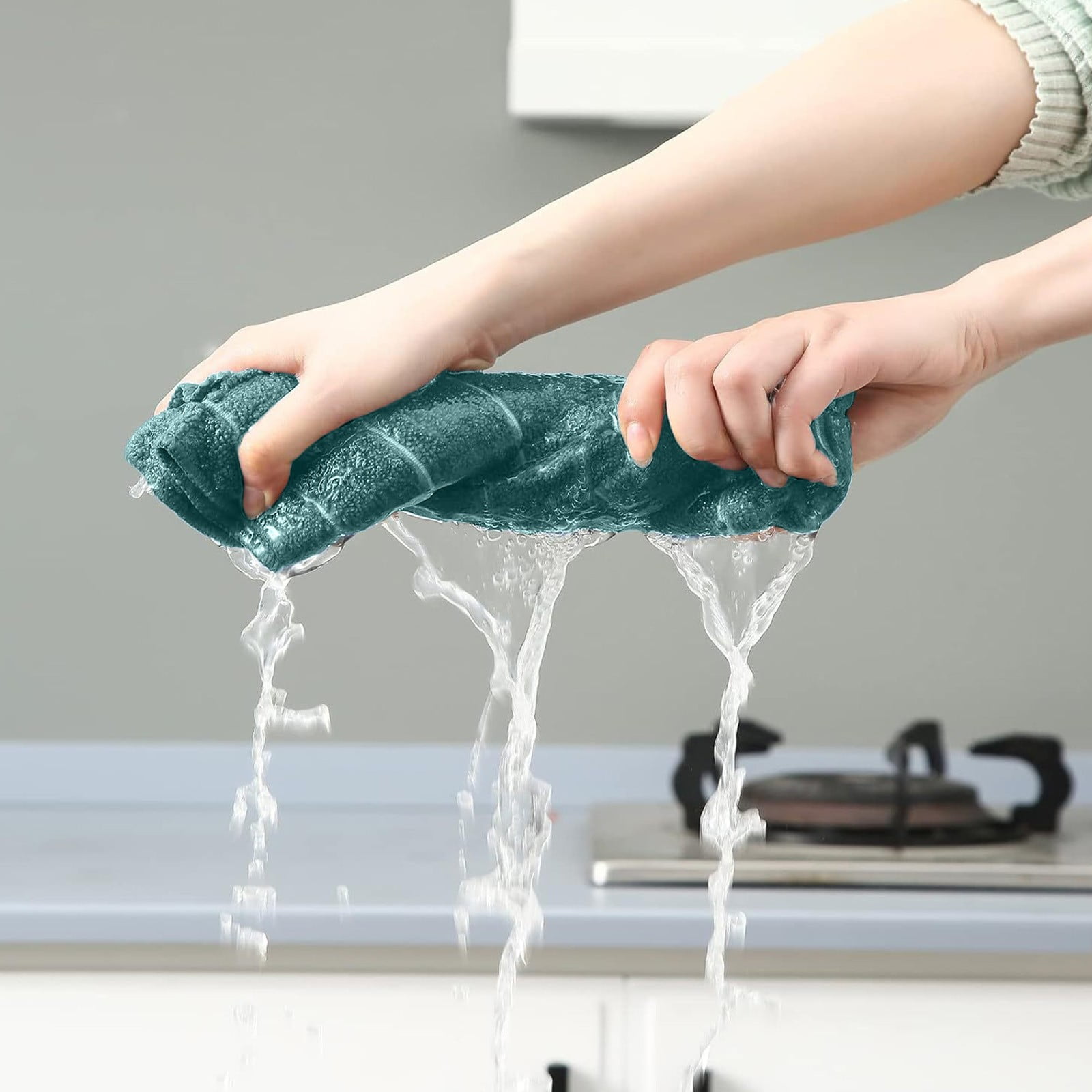 Premium Kitchen Towel and Dish Cloth Value Set: Highly Absorbent, Super Soft, Long-Lasting, Checked and Solid Hand Towels, Tea Towels, Bar Towels - 6 Pack(Green)