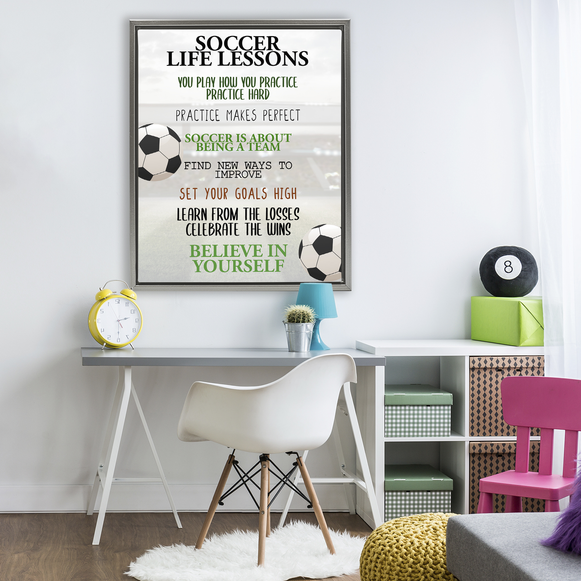 Soccer Life Lessons Gray Framed Floater Canvas Wall Art, design by Kim Allen