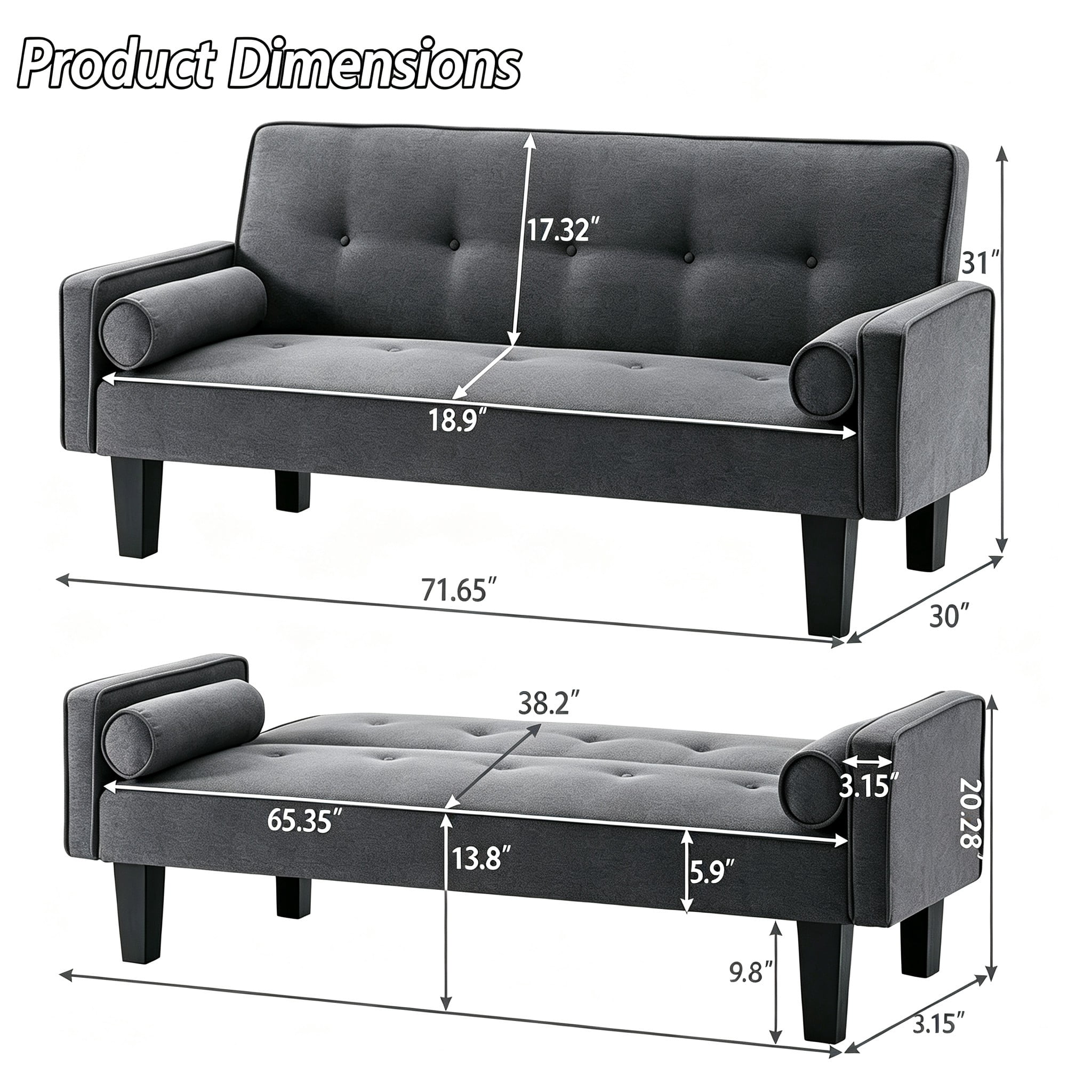 72" Futon Sofa Bed,Upholstered Folding Futon Sofa Couch,Modern Sofa Twin Size Futon Bed with Removable Armrests for Compact Living Space,Apartment,Gray