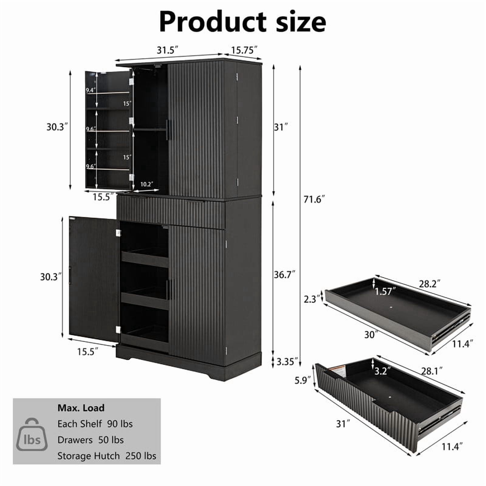 72'' Tall Fluted Kitchen Pantry Hutch with Rack & Drawer, Multi-Functional Storage Cabinet, Freestanding Cupboard Organizer