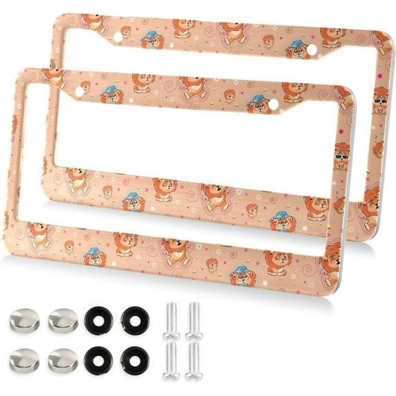 Cartoon Young Lions License Plate Frame, Decorative Aluminum Car Tag Frames, 2 Pack Universal Car License Plate Covers with 2 Holes and Screws