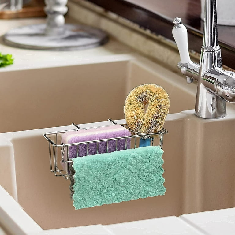 Sponge Holder for Kitchen Sink, Kitchen Sink Caddy, Rustproof 304 Stainless  Steel Dish Sponge Organizer with Divider, Dish Soap Dispenser Brush Holder