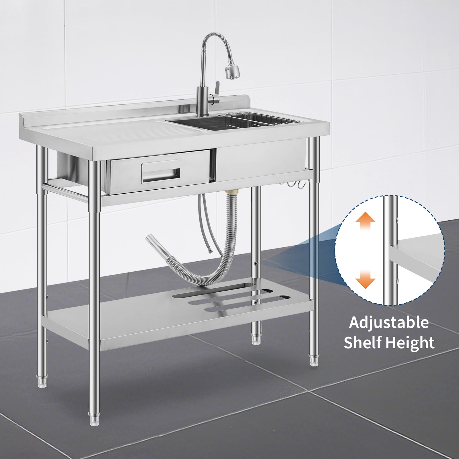 Stainless Steel Commercial Utility Sink with Left Workbench, Storage Drawer, Knife Rack, Shelf & Adjustable Legs for Kitchen, Garage, Outdoor Use