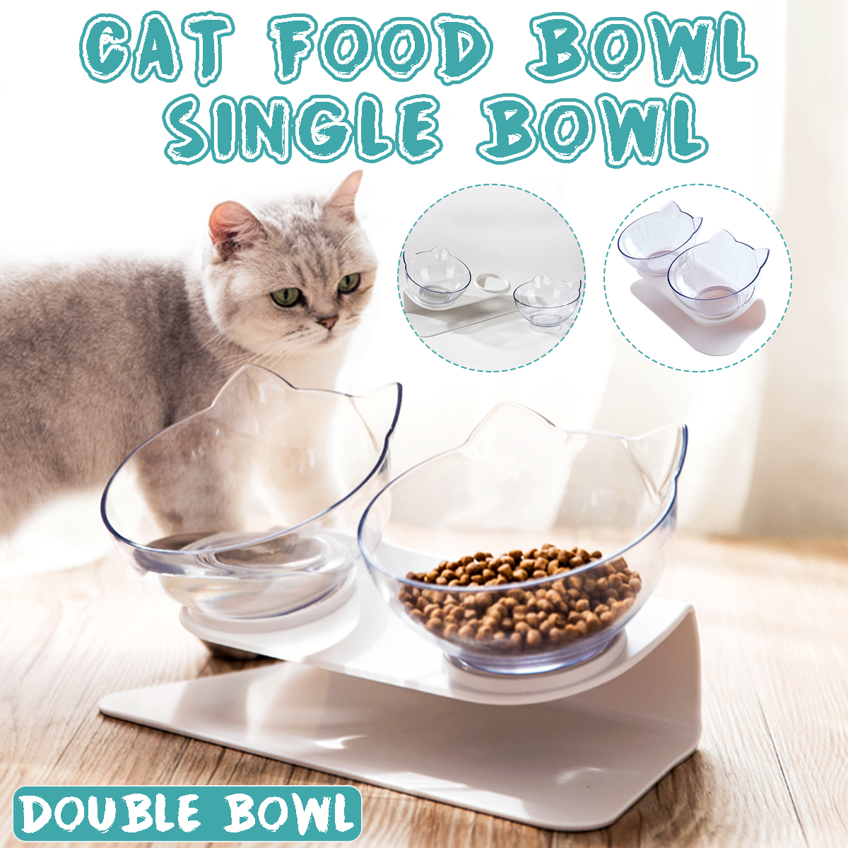 Generic 2 PCS Cat Bowl Fashion Cat Ears Oblique Mouth Single Double Bowl Drinking Food 10.8 x 5.