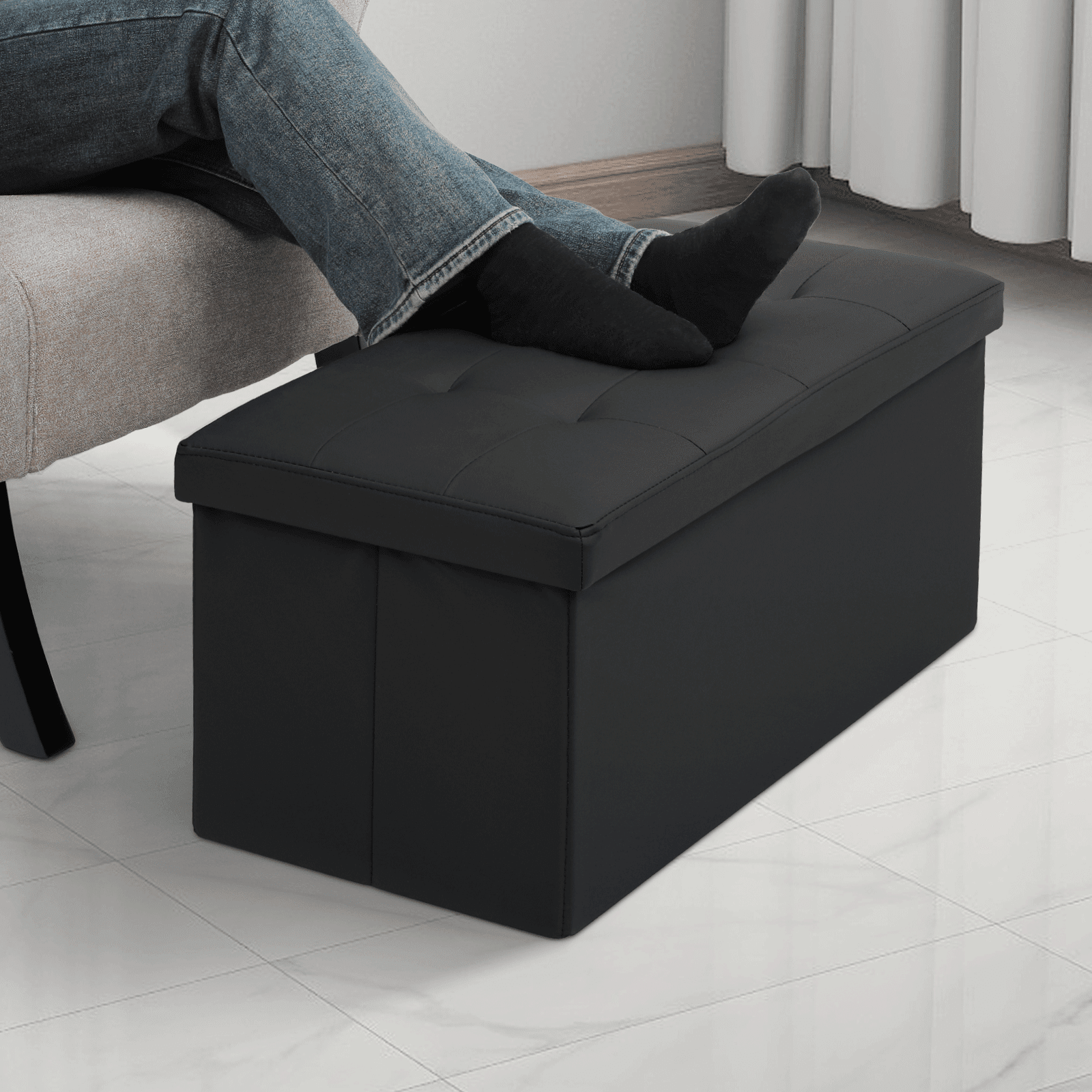 MoNiBloom 30" Folding Storage Ottoman Bench, PU Leather Collapsible Footrest Ottoman with Storage, for Living Room Bedroom Entryway, Black