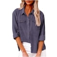 thumbnail image 2 of Dazajoo Button Down Shirts for Women with Pockets Cotton Linen Long Sleeve Blouses Casual Lapel Collar Tops,Purple,L, 2 of 8