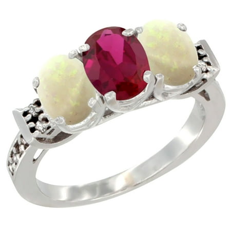 - 14K White Gold Enhanced Ruby & Natural Opal Sides Ring 3-Stone Oval 7x5 mm Diamond Accent, sizes 5 - 10
