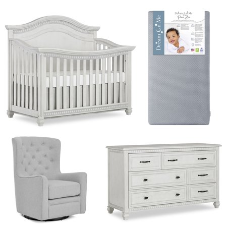 Evolur Nursery Essentials Bundle of Madison 5-in-1 Convertible Crib, Madison Double Dresser & Sage Swivel Glider, with a Premium Dream On Me Crib Mattress