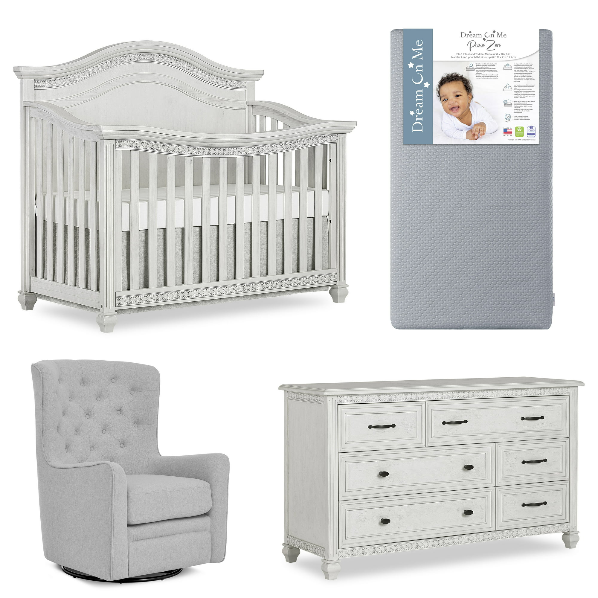 Evolur Nursery Essentials Bundle of Madison 5-in-1 Convertible Crib, Double Dresser, Swivel Glider, Premium Dream On Me Mattres