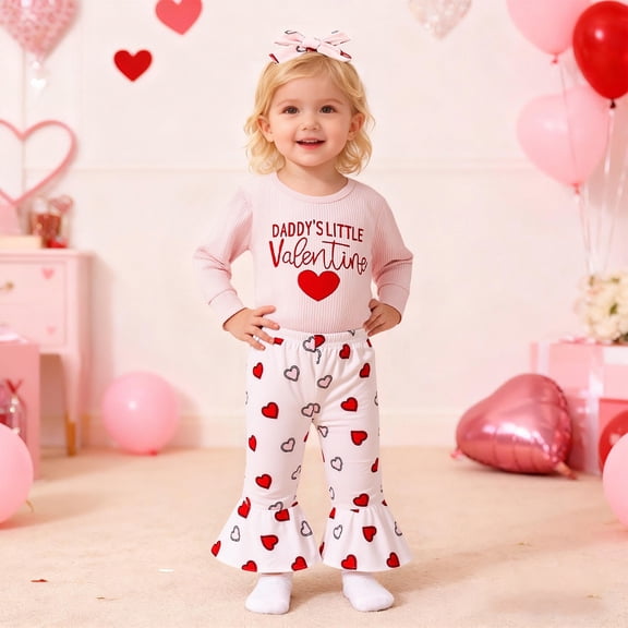 Hpapadks Girls Outfits Valentines Day Heart Letter Print Cute Long Sleeve Romper Flared Pant Hairband 3 Piece Outfit Girls' Clothing Sets