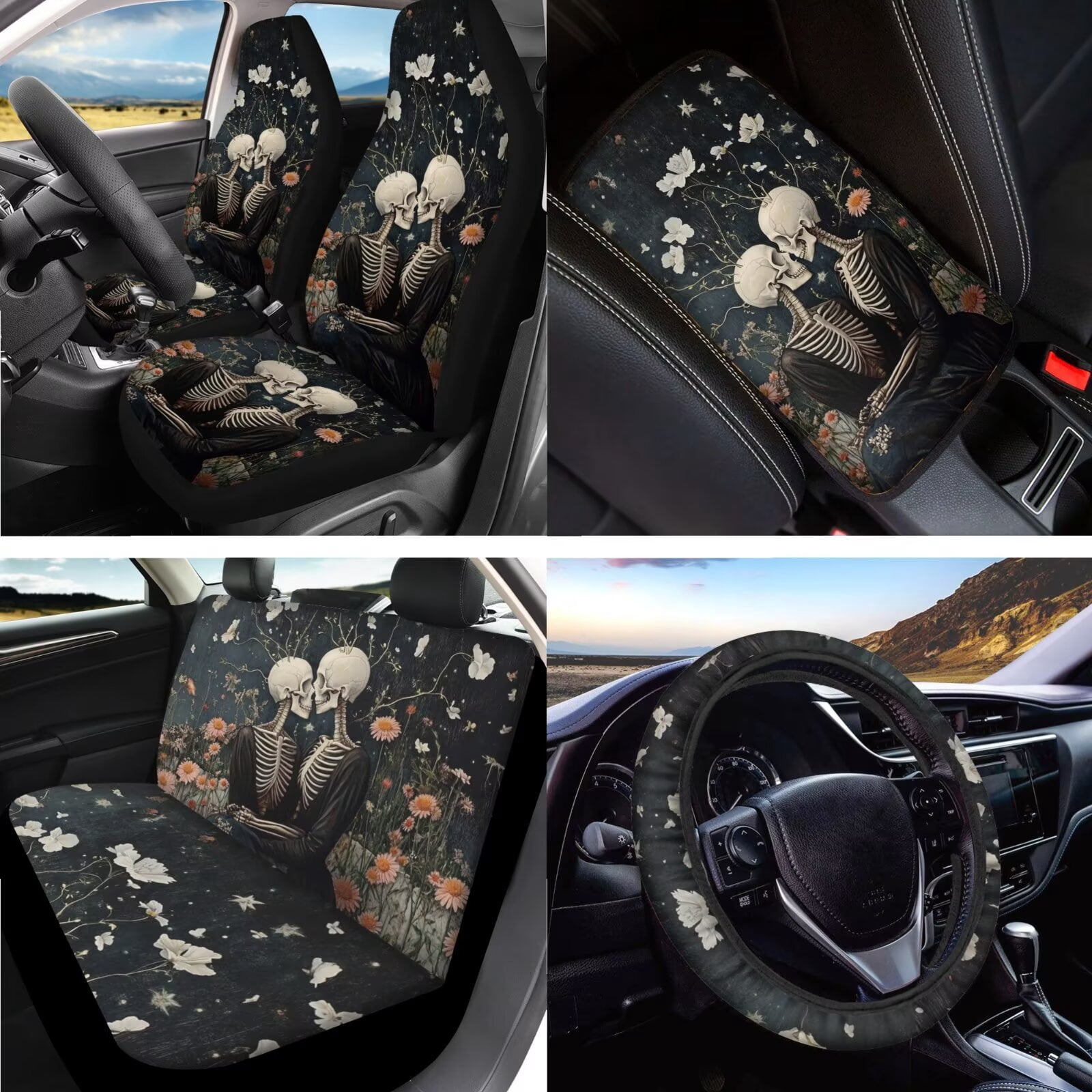 LedBack Skeleton Floral Printed Car Seat Covers Full Set for Women Men Non Slip Steering Wheel Covers Car Seat Belt Pads Armrest Pad Covers Car Mirror Accessories, 15 Pieces