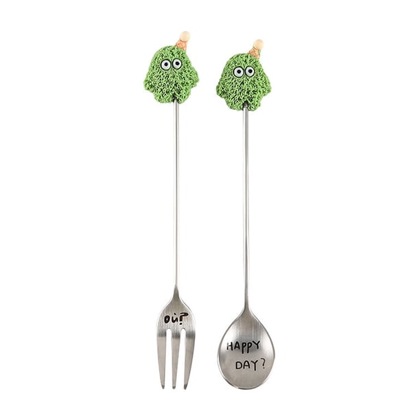 Naiovety 2 cucharas de dibujos animados para postres, tenedores de fruta, cucharas únicas para una experiencia elegante, vajilla con acabado Mostrada verde