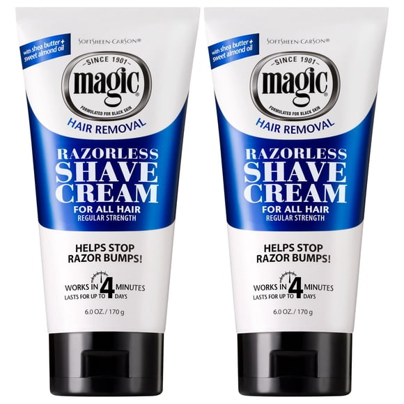 Razorless Shaving Cream for Men by SoftSheen-Carson Magic, Hair Removal Cream, Regular Strength for Normal Beards, No Razor Needed, Depilatory cream works in 4 Minutes for Coarse Curly Hair, 2 Count