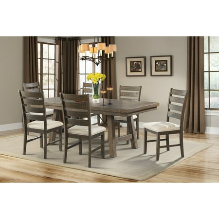 

Homestock Handcrafted Haven 7 Piecedining Set- Table 6 Ladder Side Chairs Rubber Wood Rustic Smokey Walnut Cream Upholstery Turn Buckle Metal Accents Cherry Finish