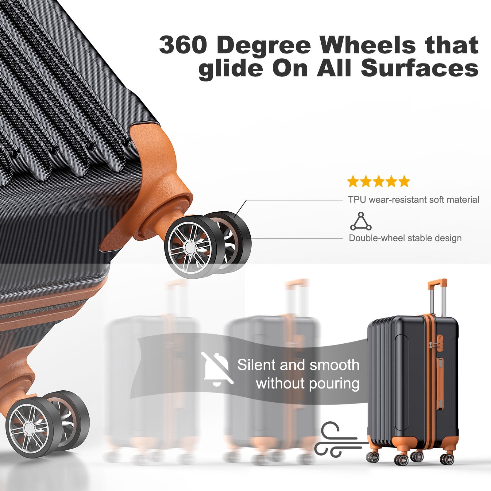 Nazhura Hard Shell Luggage Set, 3-Piece Hardside Suitcase Set, 20-inch, 22-inch, 28-inch Luggage, Carry on Luggage Set, Travel Luggage Set, Large Suitcase with Wheels, ABS Hardside (Black/Orange)