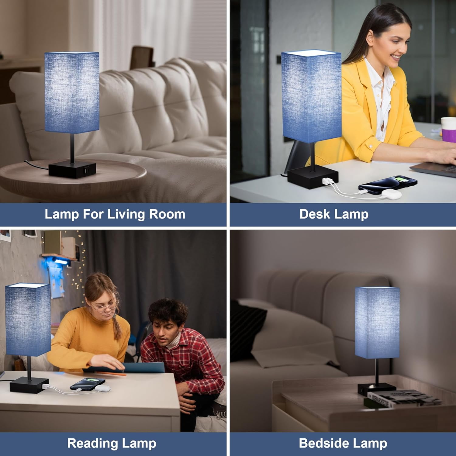 Hansang Bedside Table Lamp for Bedroom Set of 2,3 Way Dimmable Touch Lamp with USB C+A Charging Ports, LED Bulbs Included