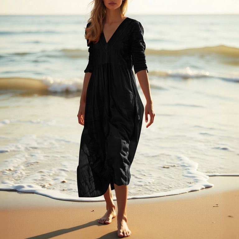 WULMLEO Linen Dresses for Women 2025 Flowy V Neck Short Sleeve Maxi Dress Lightweight Summer Beach Vacation Clothes Black 2XL - Walmart.com WULMLEO Linen Dresses for Women 2025 Flowy V Neck Short Sleeve Maxi Dress Lightweight Summer Beach Vacation Clothes Black 2XL - Walmart.com