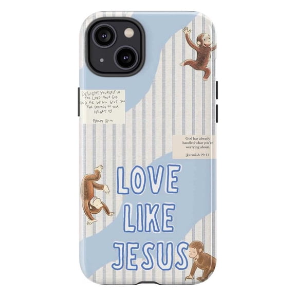 Christian Love Like Jesus Phone Case, Curious Monkey Blue Collage iPhone Cover for iPhone 17 16 15 14 13 12 11 Plus Pro Max Mini