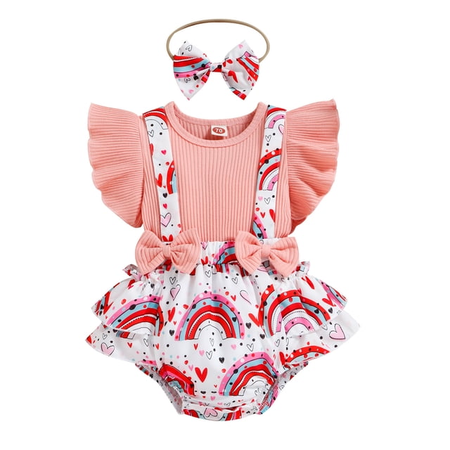 aDJFDGT Girls Ruffles Fly Sleeve Rainbow Floral Printed Romper Bowknot Ribbed Bodysuits Headbands Outfits