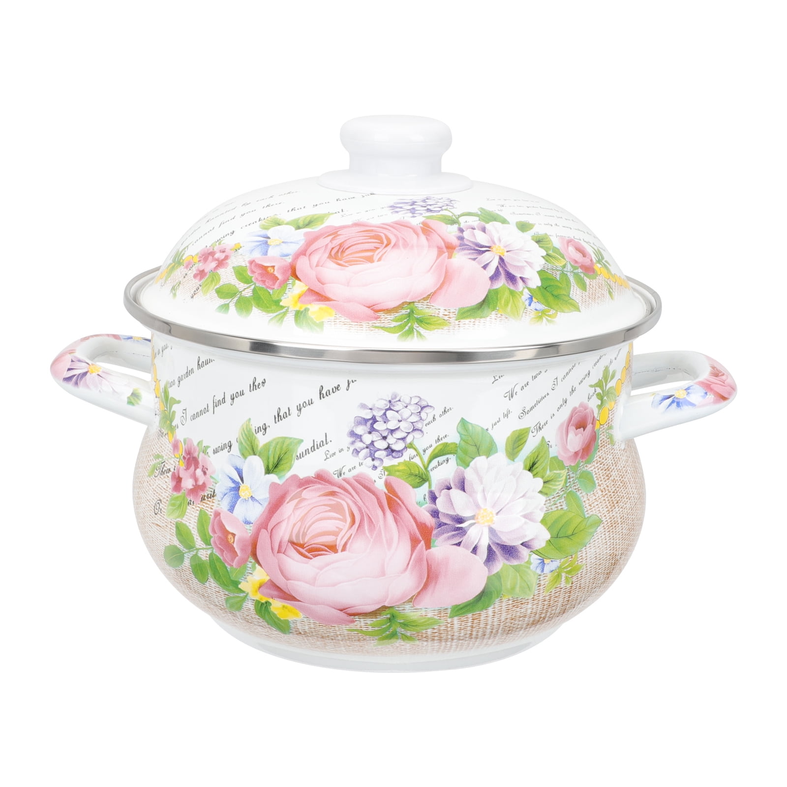 Enamel Stockpot with Lid, 1.8 Quart Retro Cooking Pot, Vintage Floral Stew Bean Simmer Pot with Handle, Kitchen Soup Pot, Safe for Induction Cookers, Gas Stove