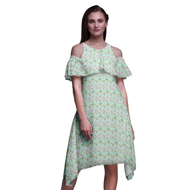 Bimba Butterfly Printed Womens Ruffle Front Cold Shoulder Swing Shift Dress-XXX-Large