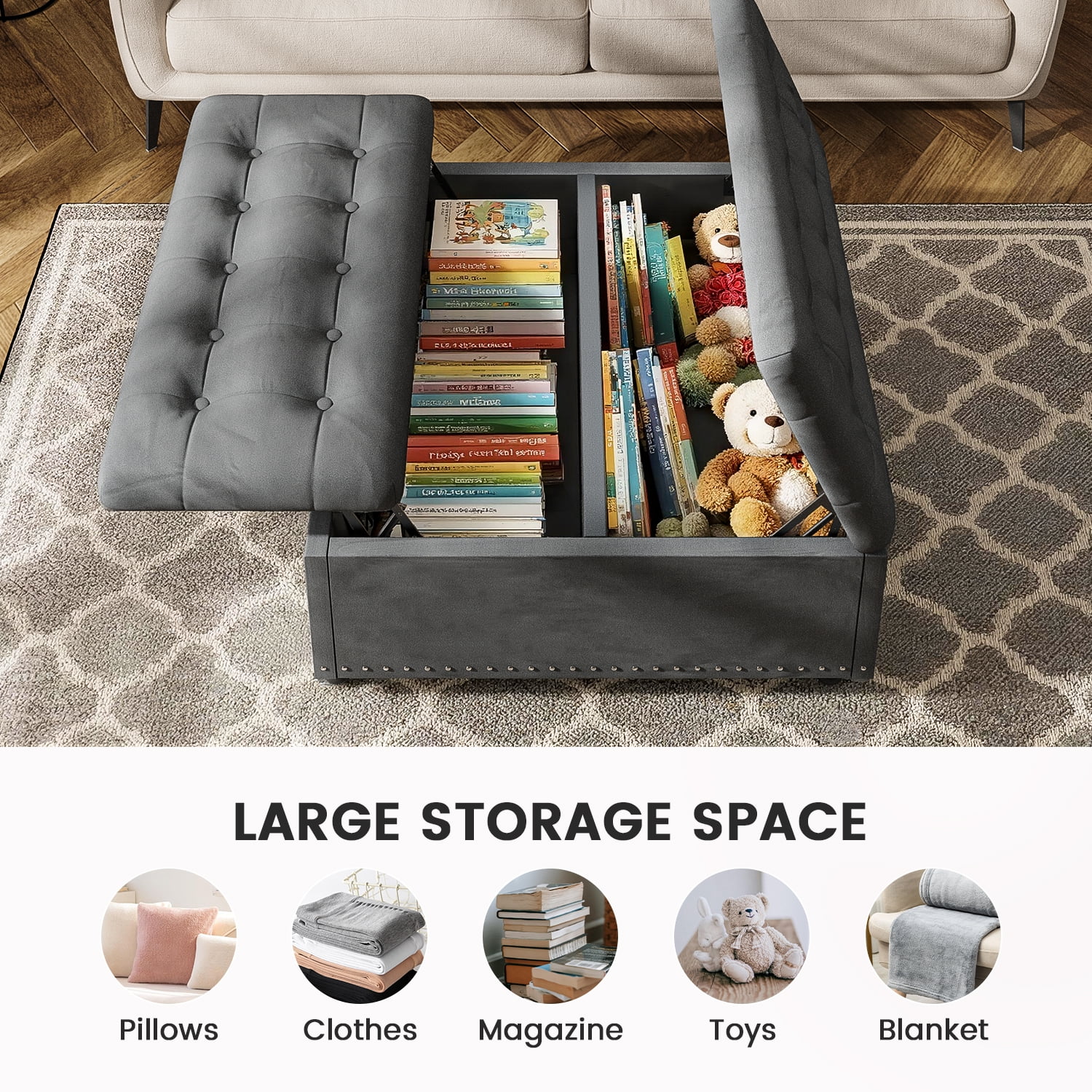 Kbun 33.5 inch Large Square Storage Ottoman, Tufted Upholstered Coffee Table with Lift Top & Solid Wood Legs, Oversized Storage Bench Ottomans Toy Box for Bedroom, Living Room, Entryway, Grey