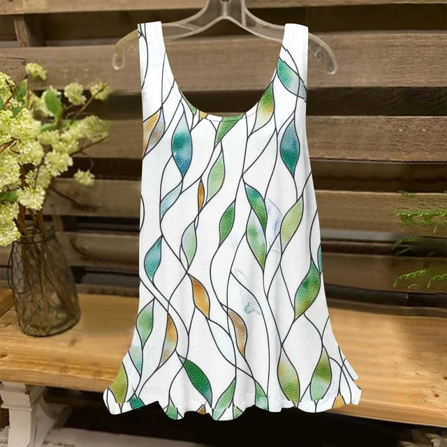 UPPADA Débardeurs pour Femmes Été Décontracté Col Rond Sans Manches Haut T-Shirts à Imprimé Floral Coupe Ample Tunique Basique Chemises Blouses Plissées Fluides Liquidation Vert,TTG