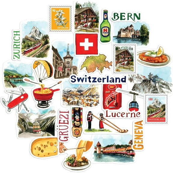 Navy Peony Stunning Switzerland Travel Stickers (31pcs) - For Journals, Scrapbooks