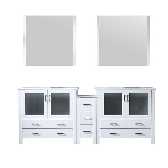 Harborfront 84 in W x 18.25 in D White Double Bath Vanity with Side Cabinet, White Ceramic Tops and 34 in Mirrors