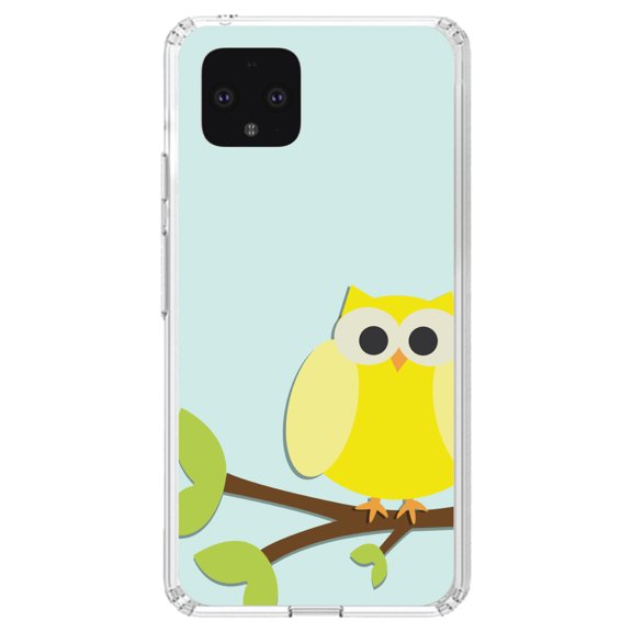 DistinctInk Clear Shockproof Hybrid Case for Google Pixel 4 (5.7" Screen) - TPU Bumper, Acrylic Back, Tempered Glass Screen Protector - Yellow Owl Cartoon - Cartoon Owls