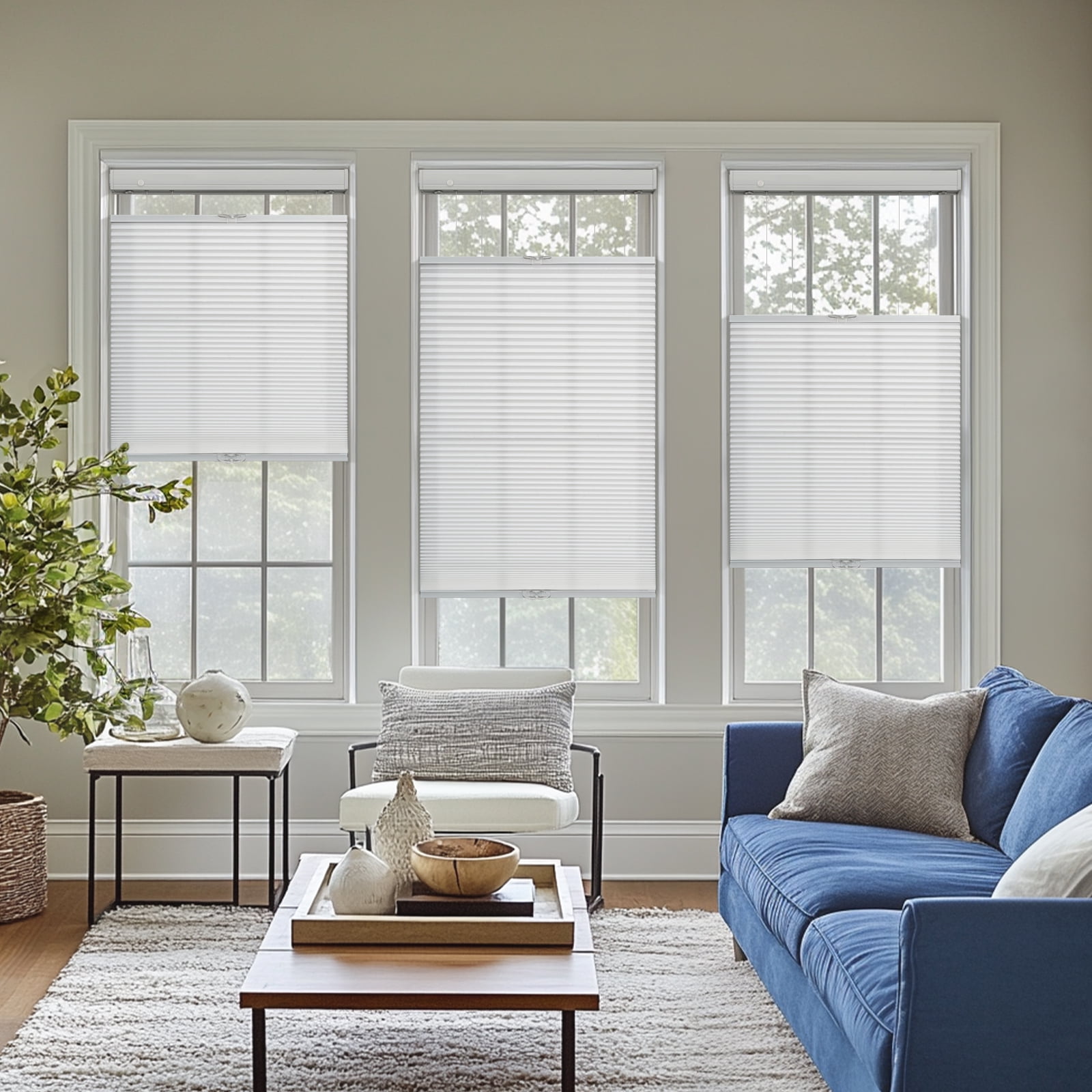 Keego New Upgraded No Drill Cellular Shades Top Down Bottom Up Honeycomb Blinds Cordless Window Blinds Easy to Install Cellular Shade for Windows, Light Filtering - White, 34"W x 40"H