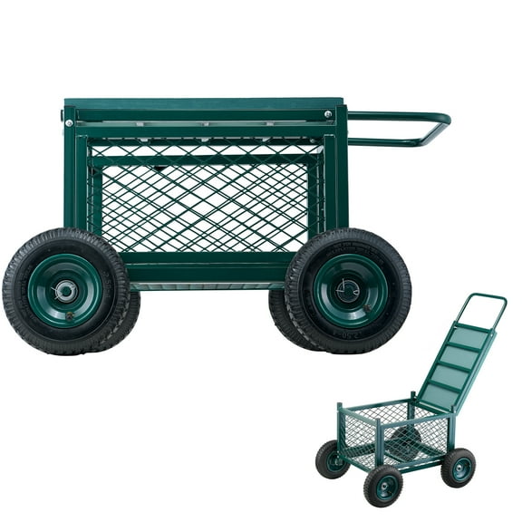 KFFKFF Rolling Garden Cart with Seat, Metal Gardening Work Seat with Wheels, Supports up to 400 lbs, Durable Garden Scooter, Outdoor Wagon and Stool for Lawn, Patio, and Backyard