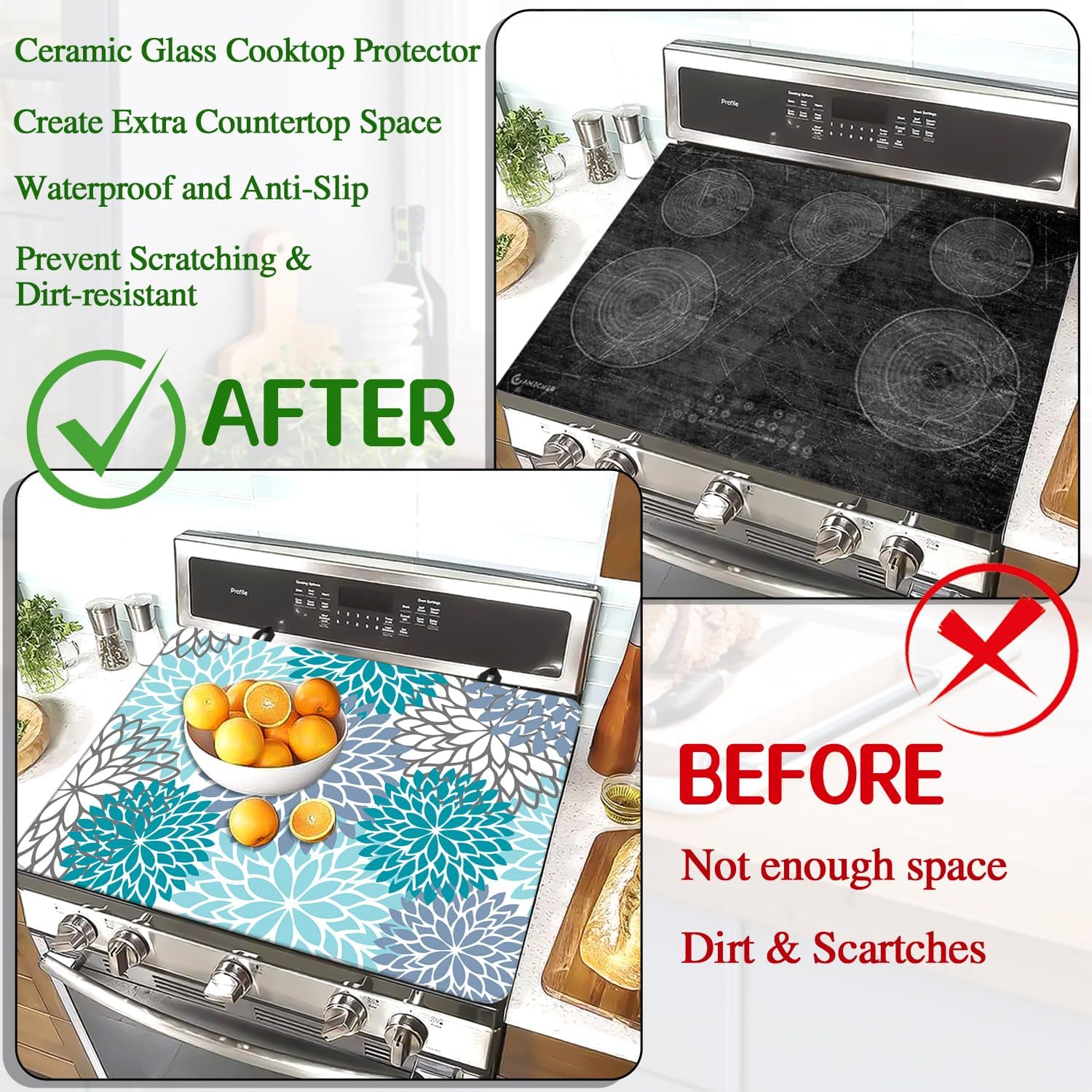Stove Top Cover for Electric Stove 28 "x 20 ", Teal Bule Flora Heat Resistant Glass Top Stove Cover Protector, Glass Cooktop Covers, Kitchen Flat Stove Top Covers for Electric Stove