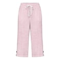 thumbnail image 5 of Women's Cotton Loose Straight Pants with Pockets, Mid Elastic Waist Drawstring, Side Slits Buttoned, Casual Business Beach Lounge Capri Pants | VerBelle,Pink L, 5 of 6
