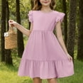 thumbnail image 4 of FAHXNVB Girls Crewneck Long Dress Solid Color Flutter Sleeve Ruffle Hem A-Line Swing Casual Dresses Summer Fashion Princess Dress 3-13 Years, 4 of 7