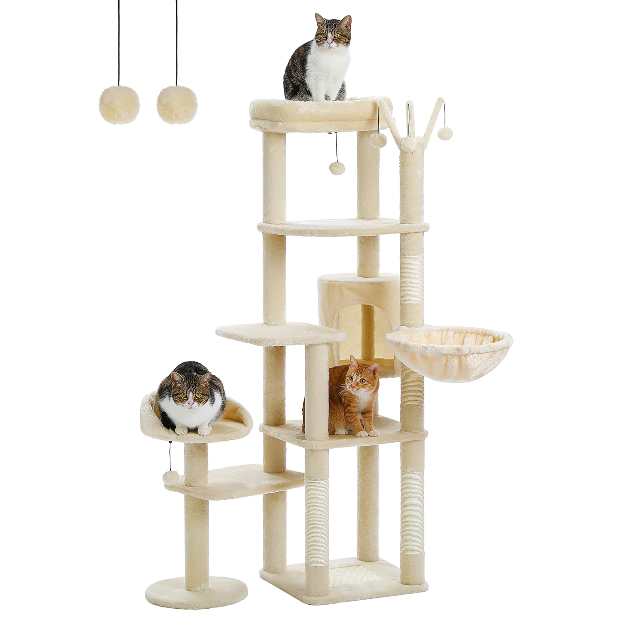 Kadyn 59" Multi-Level Cat Tree House with Large Hammock, Scratching Post, 2 Perches, Cat Tower with 3 Removable Pompom Sticks, Cat Condo, Beige