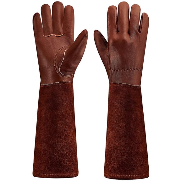 Long Gardening Gloves for Men & Women – Thorn Proof Cowhide Leather Rose Pruning Gloves, Heavy Duty Gauntlet Garden Work Gloves with Forearm Protection – Brown, X-Large