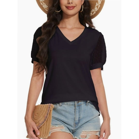 Women's V-Neck Cropped T-Shirt - Swiss Dot Puff Sleeve Casual Top - Loose Fit Summer Basic Tee